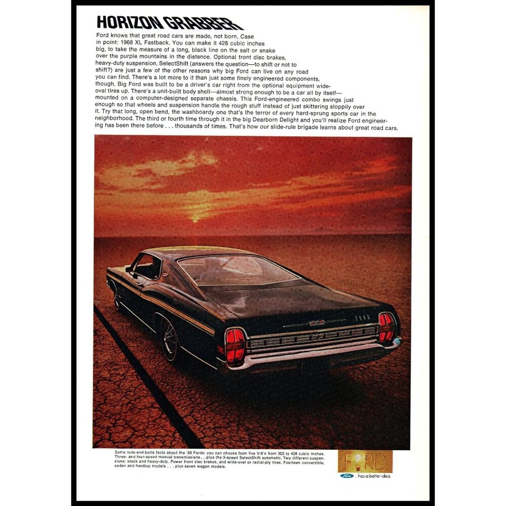 1968 Ford XL Fastback 428 V8 Horizon Grabber Vintage Print Ad Sunset Desert Art